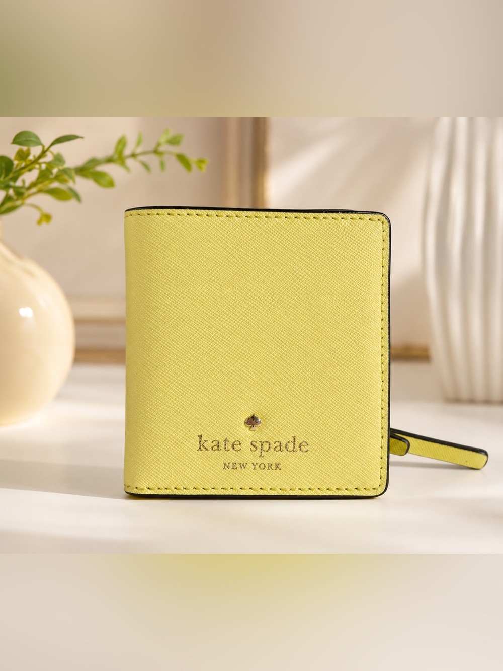 Kate Spade New York Lemon Yellow Mini Bifold Wallet Card Holder Zip Coin Pouch